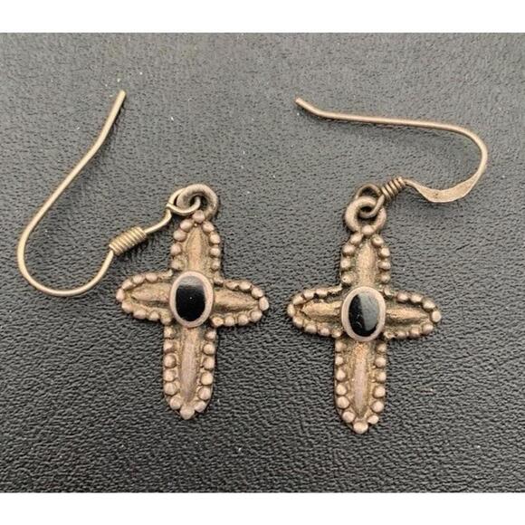 Vintage 925 Silver Black Onyx Braided Cross Earrings Hook Dangle Pierced (READ) - Picture 1 of 4